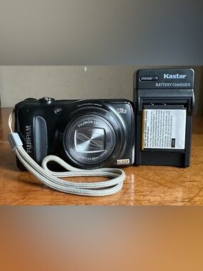 Fujifilm Black Compact Digital Camera with Gray Wrist Strap and Charger